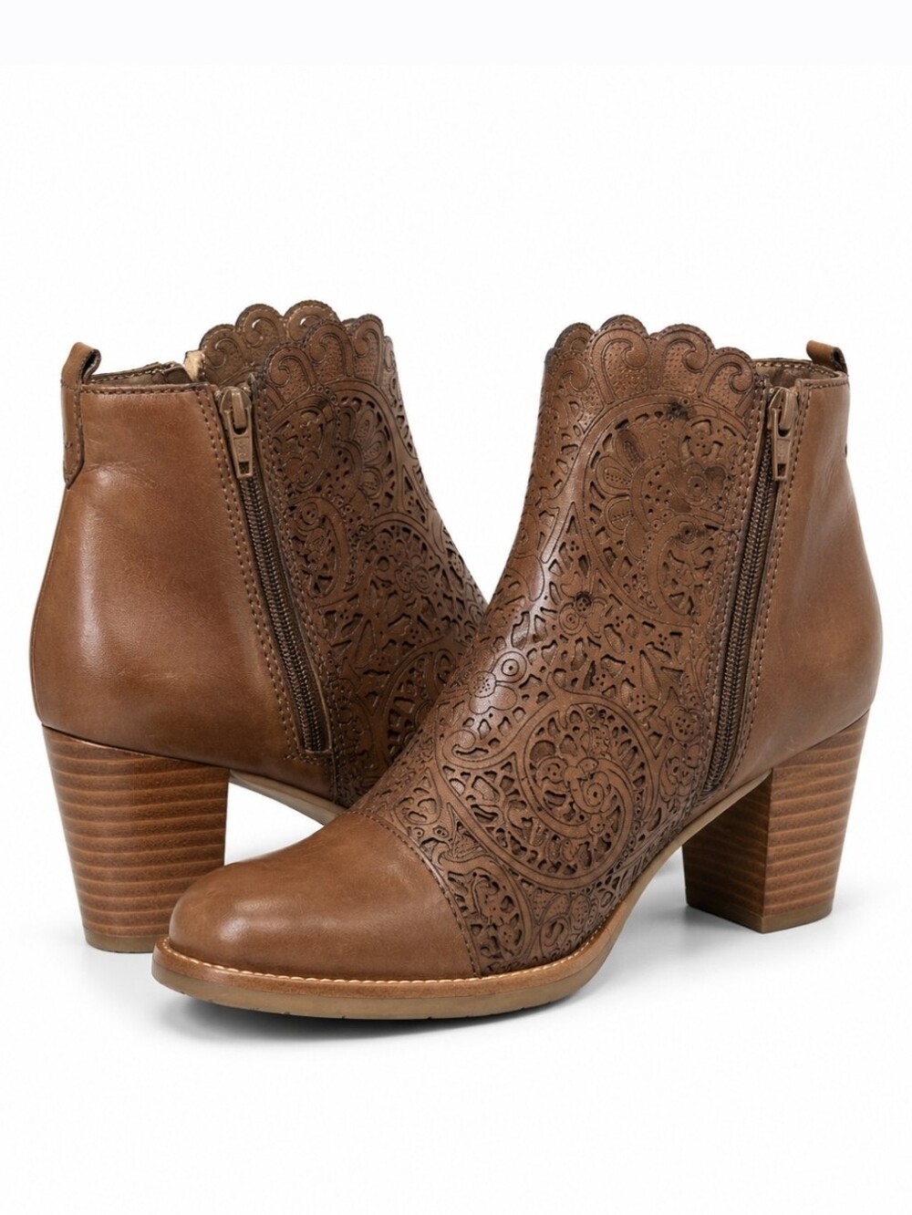 Brighton Glory Leather Laser Cut Western Boho Lace Ankle Boots Brown 6.5